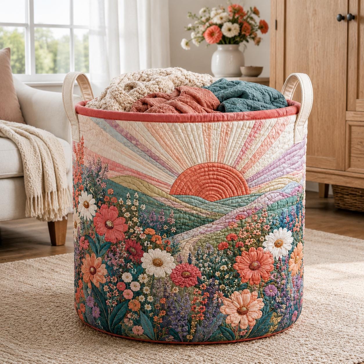 Floral Landscape Laundry Basket – Wildflower Meadow Hamper with Quilt Style Storage Bin and Nature Home Organizer Housewarming Gift - photo 2