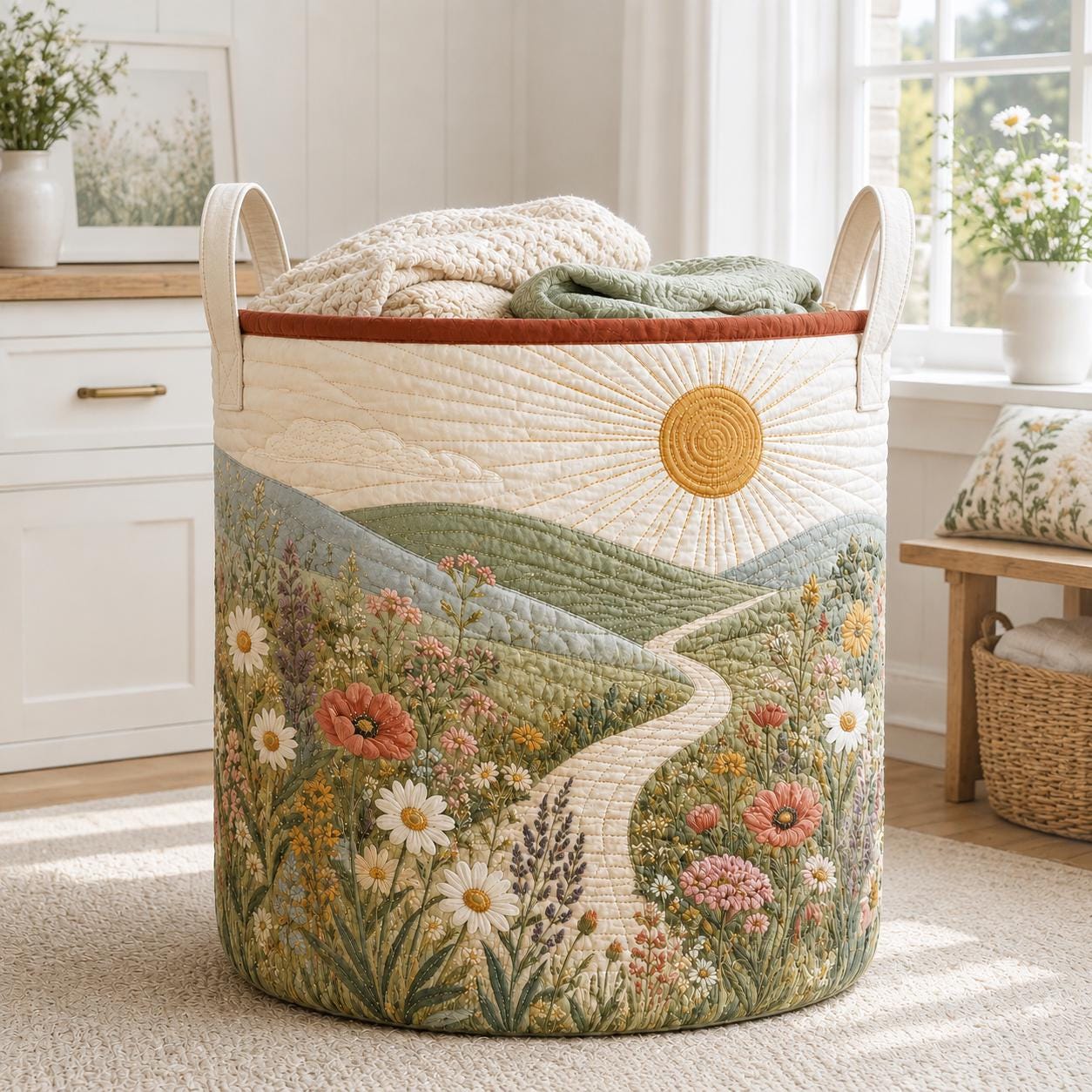Floral Landscape Laundry Basket – Wildflower Meadow Hamper with Quilt Style Storage Bin and Nature Home Organizer Housewarming Gift - photo 3
