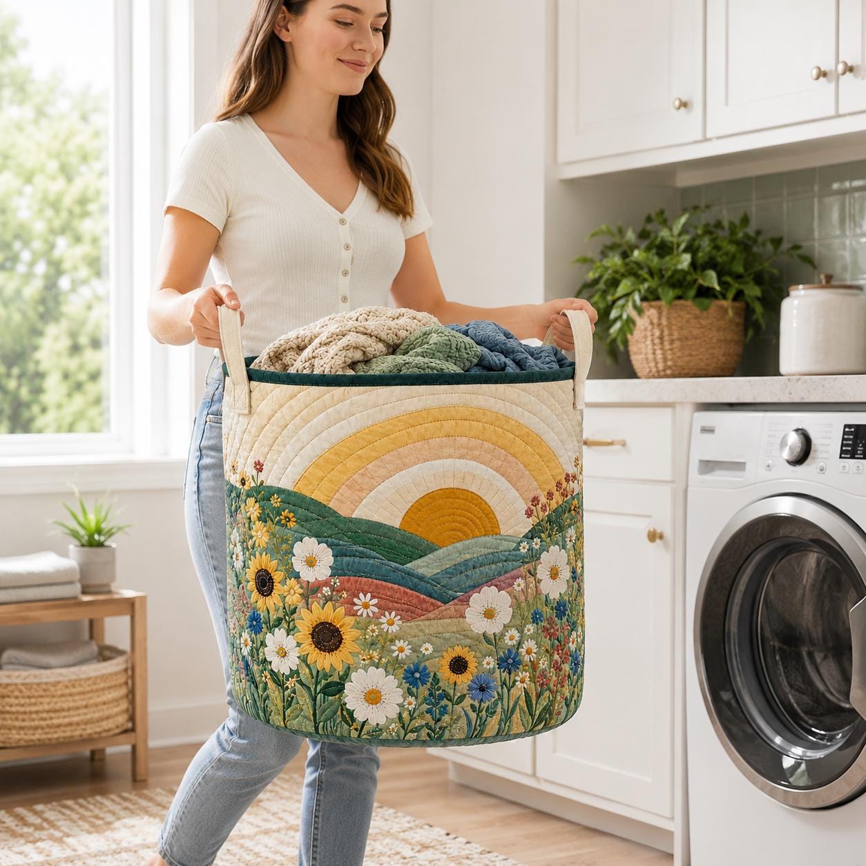 Floral Landscape Laundry Basket – Wildflower Meadow Hamper with Quilt Style Storage Bin and Nature Home Organizer Housewarming Gift - photo 6