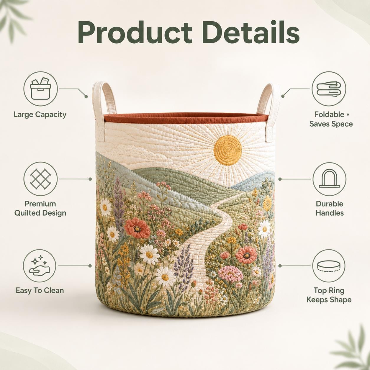 Floral Landscape Laundry Basket – Wildflower Meadow Hamper with Quilt Style Storage Bin and Nature Home Organizer Housewarming Gift - photo 8