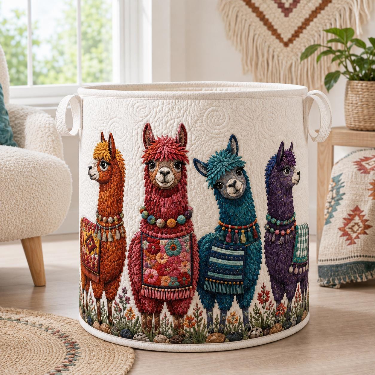 Laundry Basket and Storage Bin with Llama Alpaca Quilt Style, Southwest Animal Nursery Organizer and Housewarming Gift Hamper