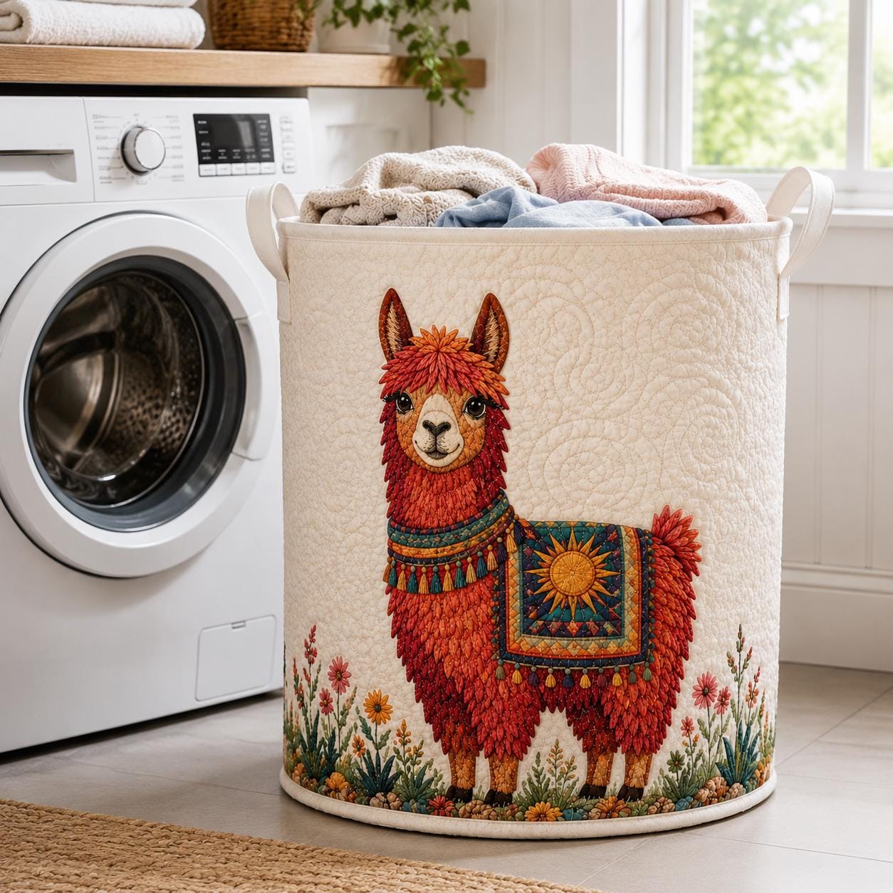 Laundry Basket and Storage Bin with Llama Alpaca Quilt Style, Southwest Animal Nursery Organizer and Housewarming Gift Hamper - photo 2