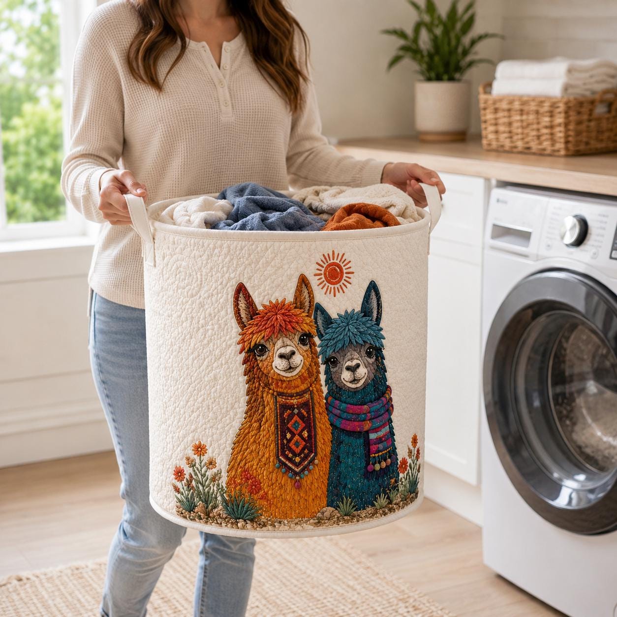 Laundry Basket and Storage Bin with Llama Alpaca Quilt Style, Southwest Animal Nursery Organizer and Housewarming Gift Hamper - photo 5
