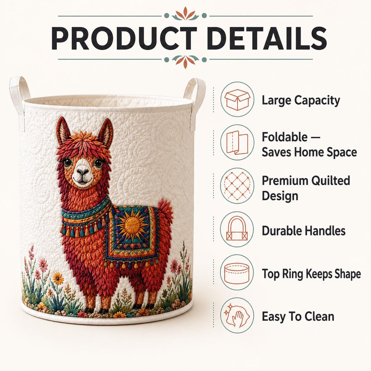 Laundry Basket and Storage Bin with Llama Alpaca Quilt Style, Southwest Animal Nursery Organizer and Housewarming Gift Hamper - photo 6