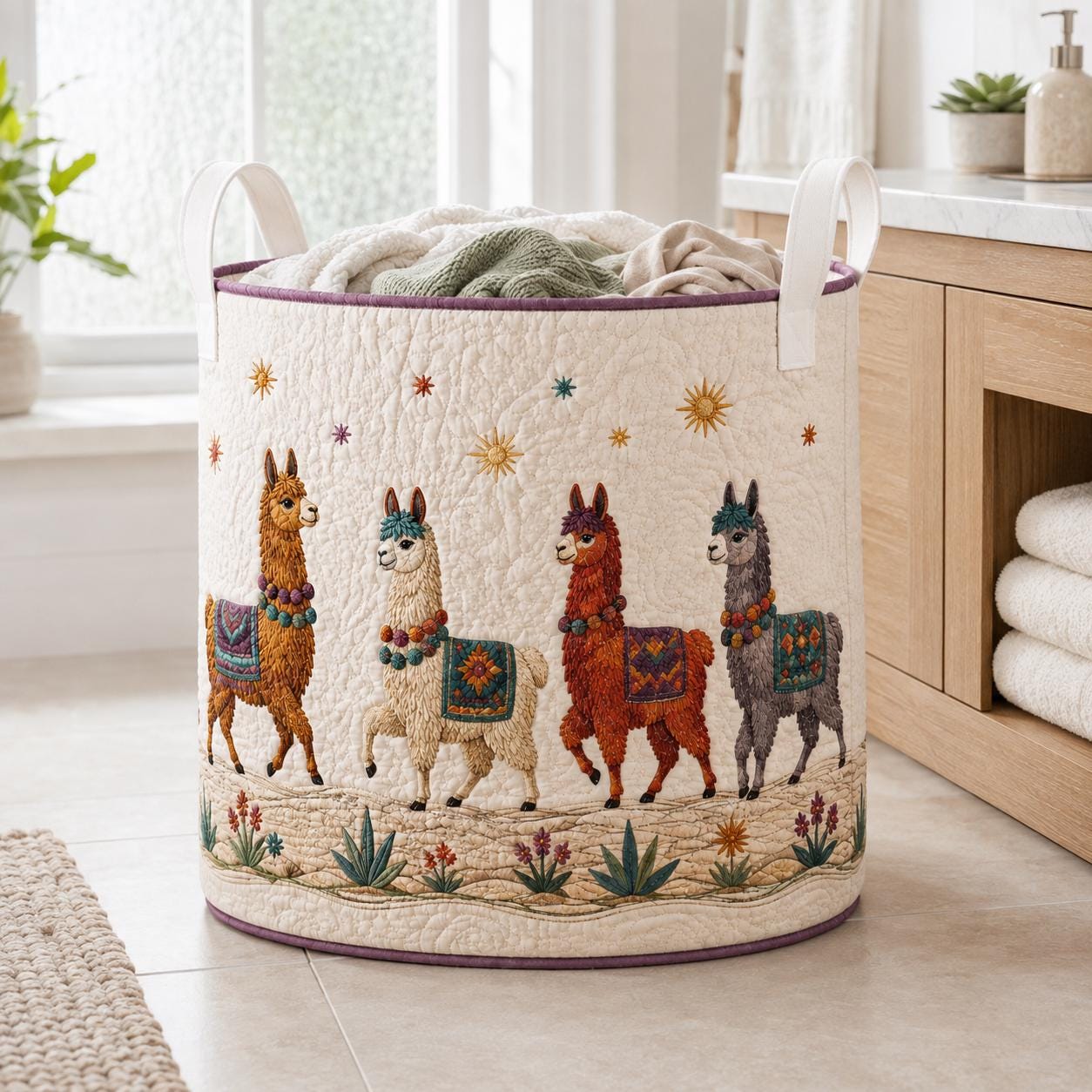 Laundry Basket and Storage Bin with Llama Alpaca Quilt Style, Southwest Animal Nursery Organizer and Housewarming Gift Hamper - photo 7
