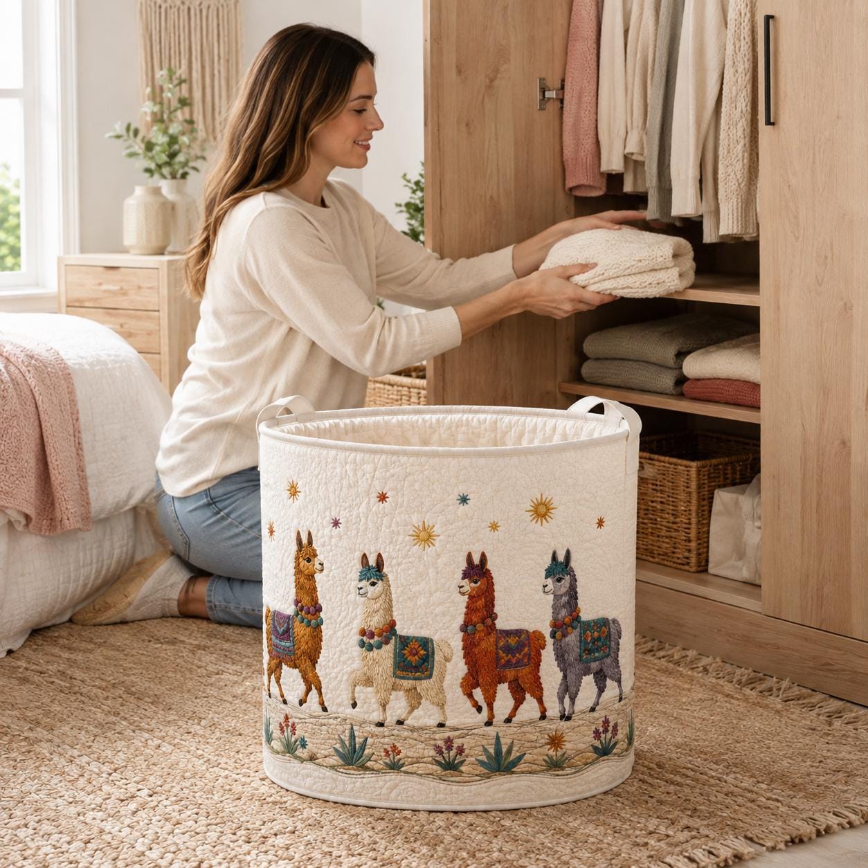 Laundry Basket and Storage Bin with Llama Alpaca Quilt Style, Southwest Animal Nursery Organizer and Housewarming Gift Hamper - photo 8