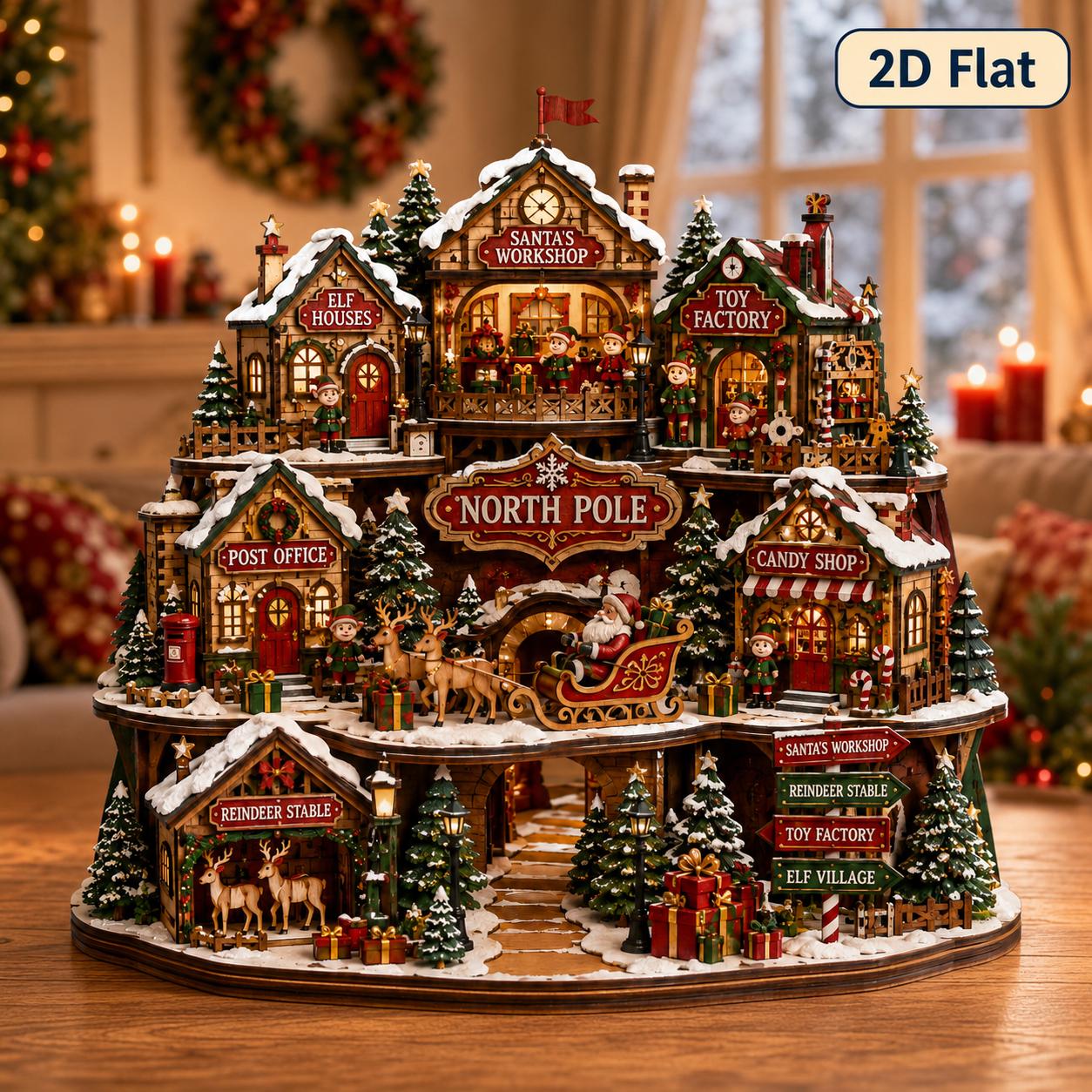 North Pole Village Wooden Block Christmas Tabletop Decor – Holiday Santa Workshop Elf Toy Factory and Reindeer Stable