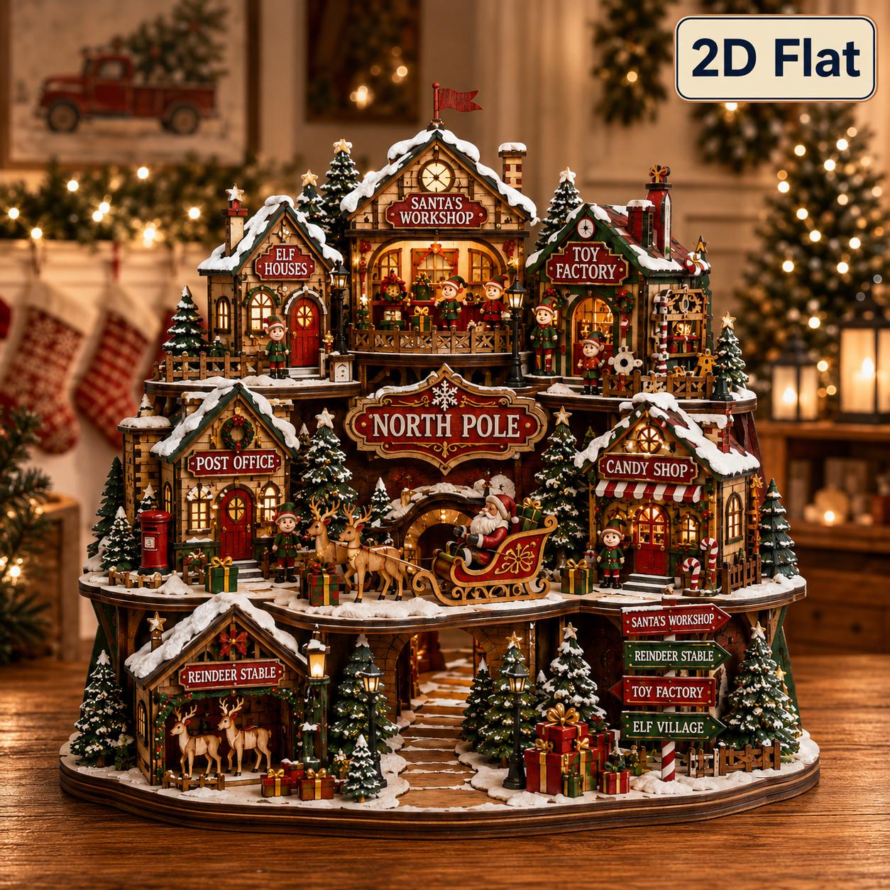 North Pole Village Wooden Block Christmas Tabletop Decor – Holiday Santa Workshop Elf Toy Factory and Reindeer Stable - photo 3