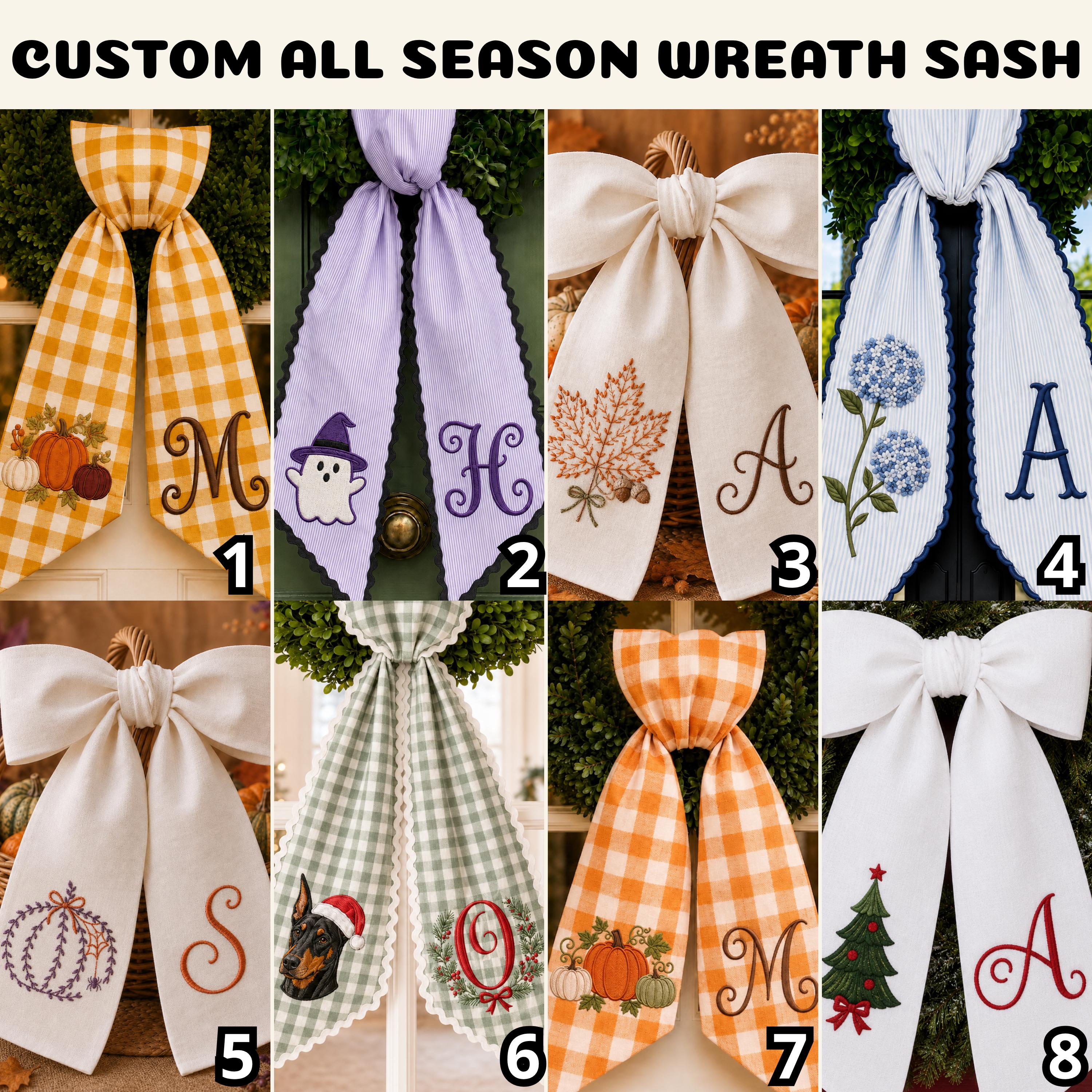 Wreath Sash – All Season Personalized Embroidery Monogram Door Bow Bundle for Pumpkin Halloween Christmas Hydrangea Seasonal Decor