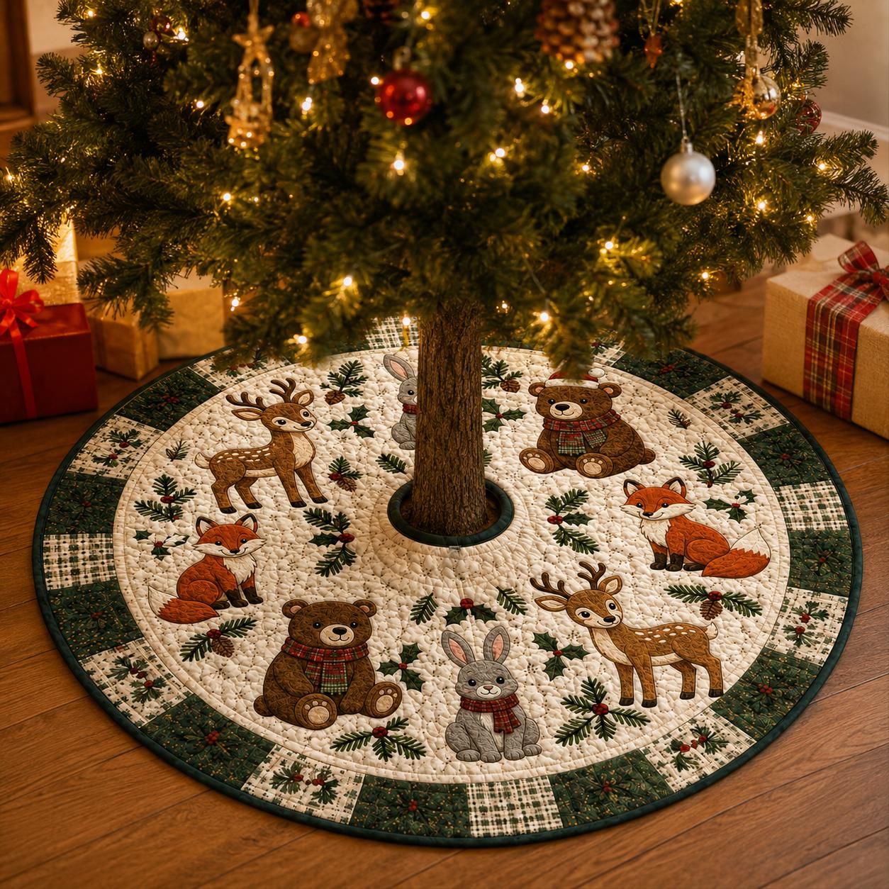 Christmas Tree Skirt – Woodland Animal Quilt Style Deer Fox Bear Rabbit Mat for Forest Decor