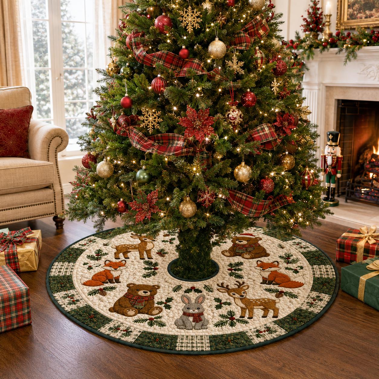 Christmas Tree Skirt – Woodland Animal Quilt Style Deer Fox Bear Rabbit Mat for Forest Decor - photo 2