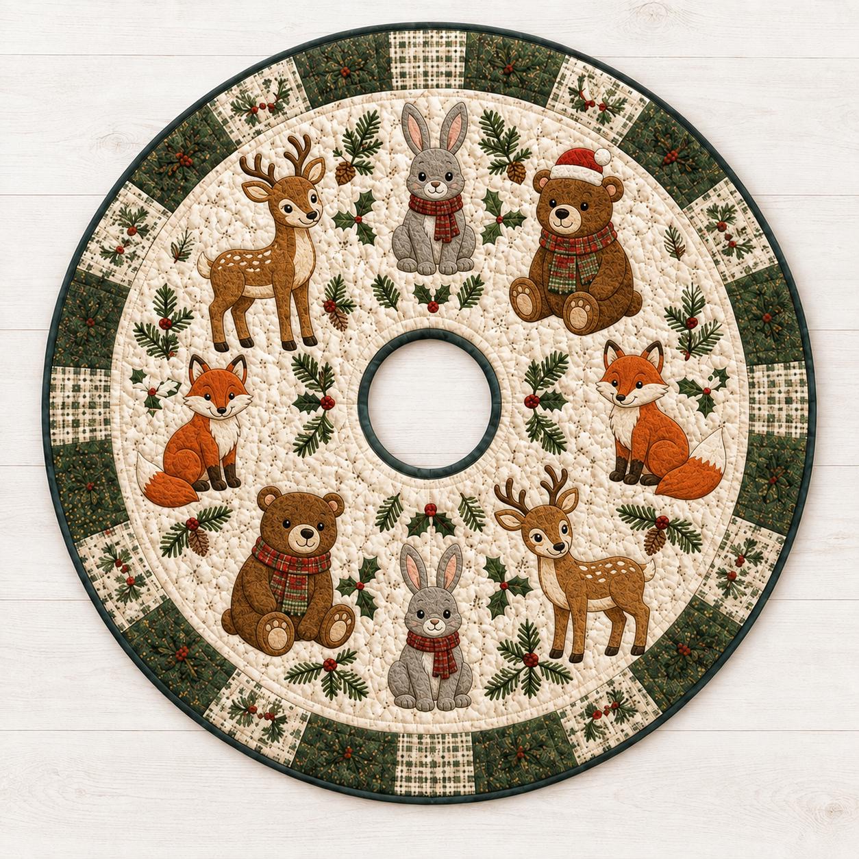 Christmas Tree Skirt – Woodland Animal Quilt Style Deer Fox Bear Rabbit Mat for Forest Decor - photo 3