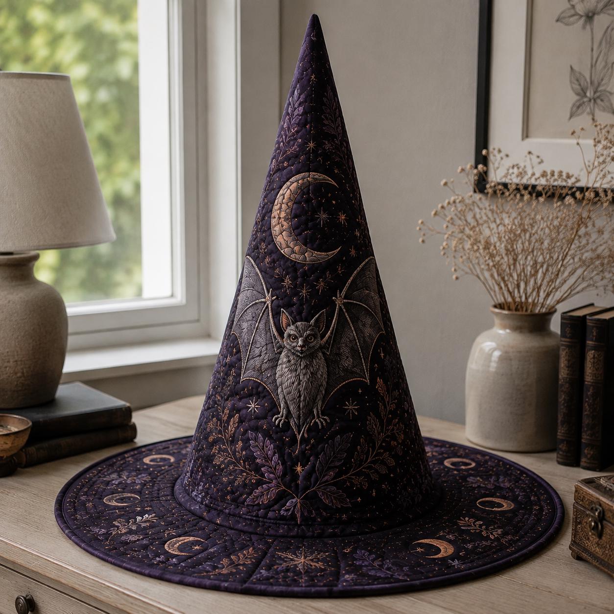 Bat Quilted Witch Hat for Celestial Moon Halloween Decor and Gothic Botanical Centerpiece with Spooky Gift for Bat Lovers