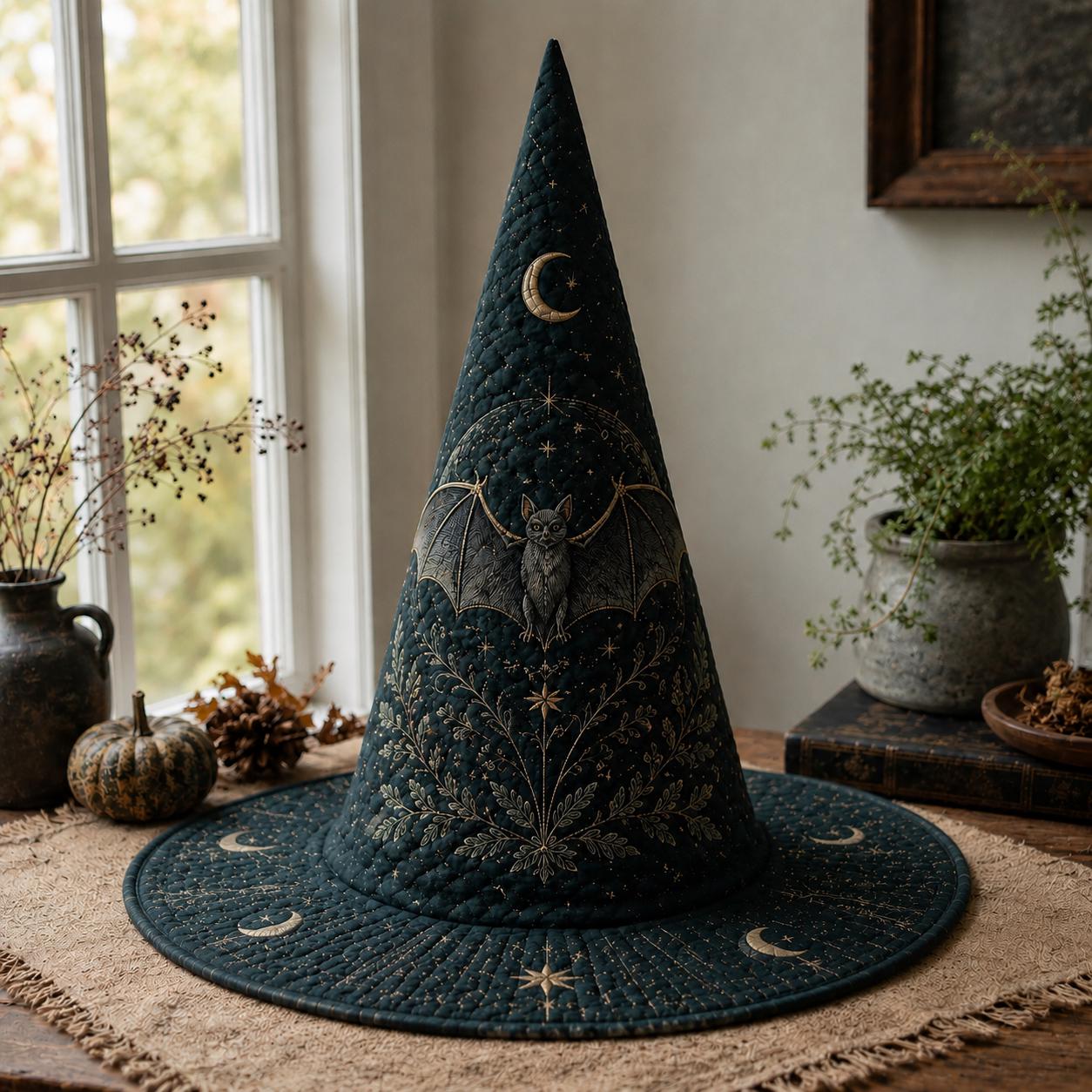 Bat Quilted Witch Hat for Celestial Moon Halloween Decor and Gothic Botanical Centerpiece with Spooky Gift for Bat Lovers - photo 2