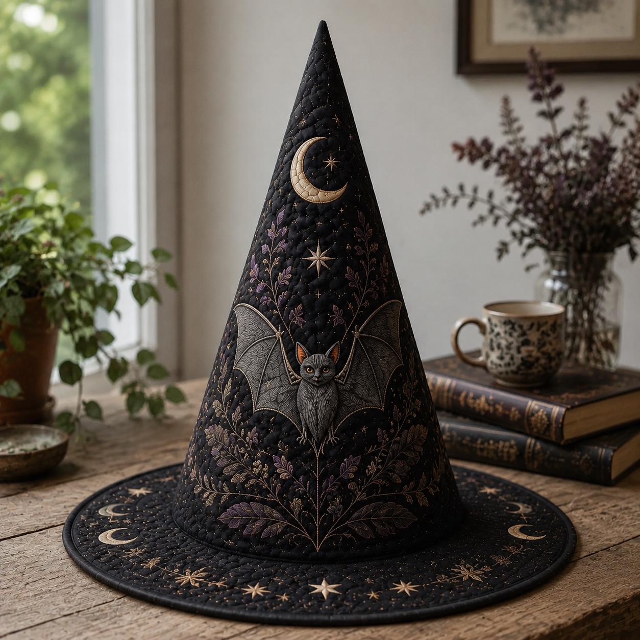 Bat Quilted Witch Hat for Celestial Moon Halloween Decor and Gothic Botanical Centerpiece with Spooky Gift for Bat Lovers - photo 5