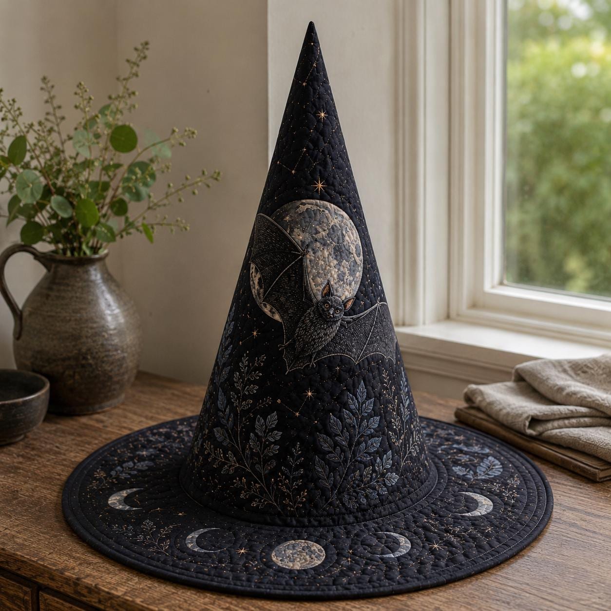 Bat Quilted Witch Hat for Celestial Moon Halloween Decor and Gothic Botanical Centerpiece with Spooky Gift for Bat Lovers - photo 6