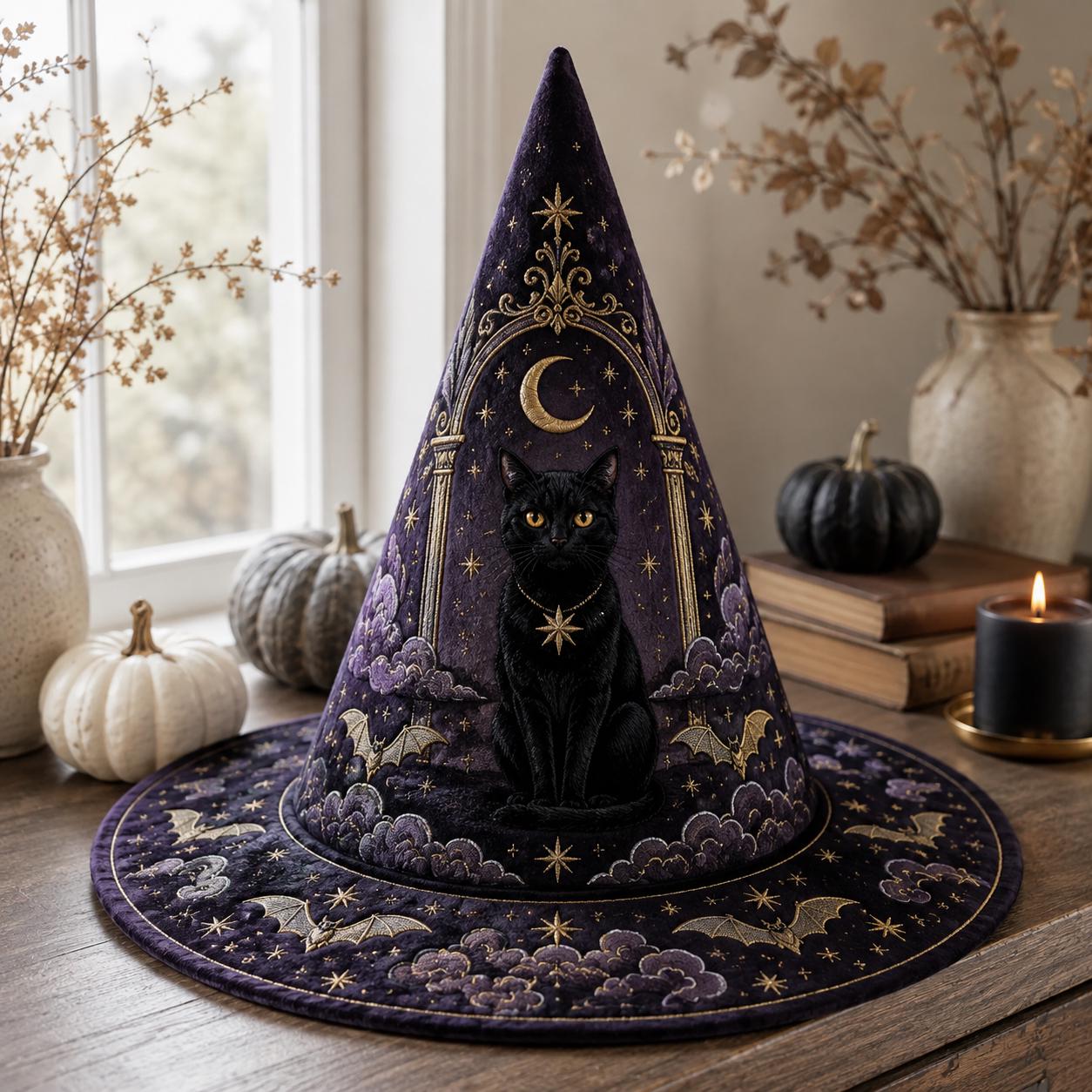 Black Cat Witch Hat for Celestial Moon Gothic Halloween Decoration and Mystical Witchy Centerpiece with Dark Academia Home Decor and Cat Lover Gift