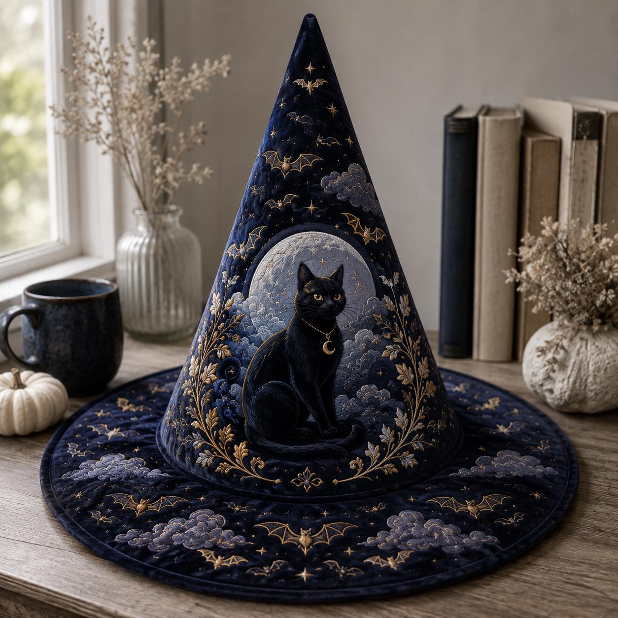 Black Cat Witch Hat for Celestial Moon Gothic Halloween Decoration and Mystical Witchy Centerpiece with Dark Academia Home Decor and Cat Lover Gift - photo 2