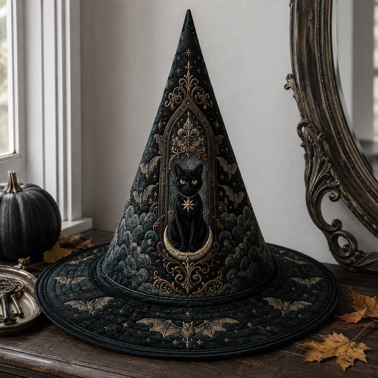 Black Cat Witch Hat for Celestial Moon Gothic Halloween Decoration and Mystical Witchy Centerpiece with Dark Academia Home Decor and Cat Lover Gift - photo 5