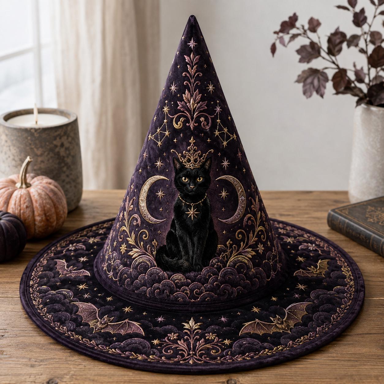 Black Cat Witch Hat for Celestial Moon Gothic Halloween Decoration and Mystical Witchy Centerpiece with Dark Academia Home Decor and Cat Lover Gift - photo 6