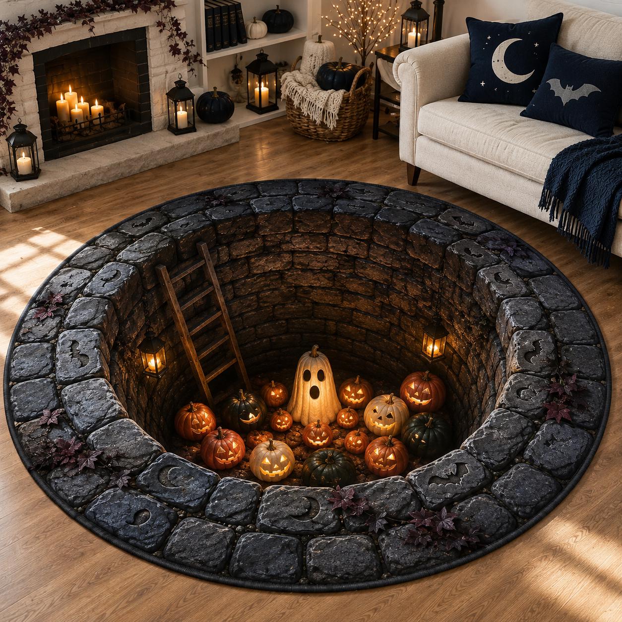 Halloween Rug – 3D Illusion Haunted Stone Dungeon Floor Mat for Jack O Lantern King Round Dark Gothic Home Decor and Pumpkin