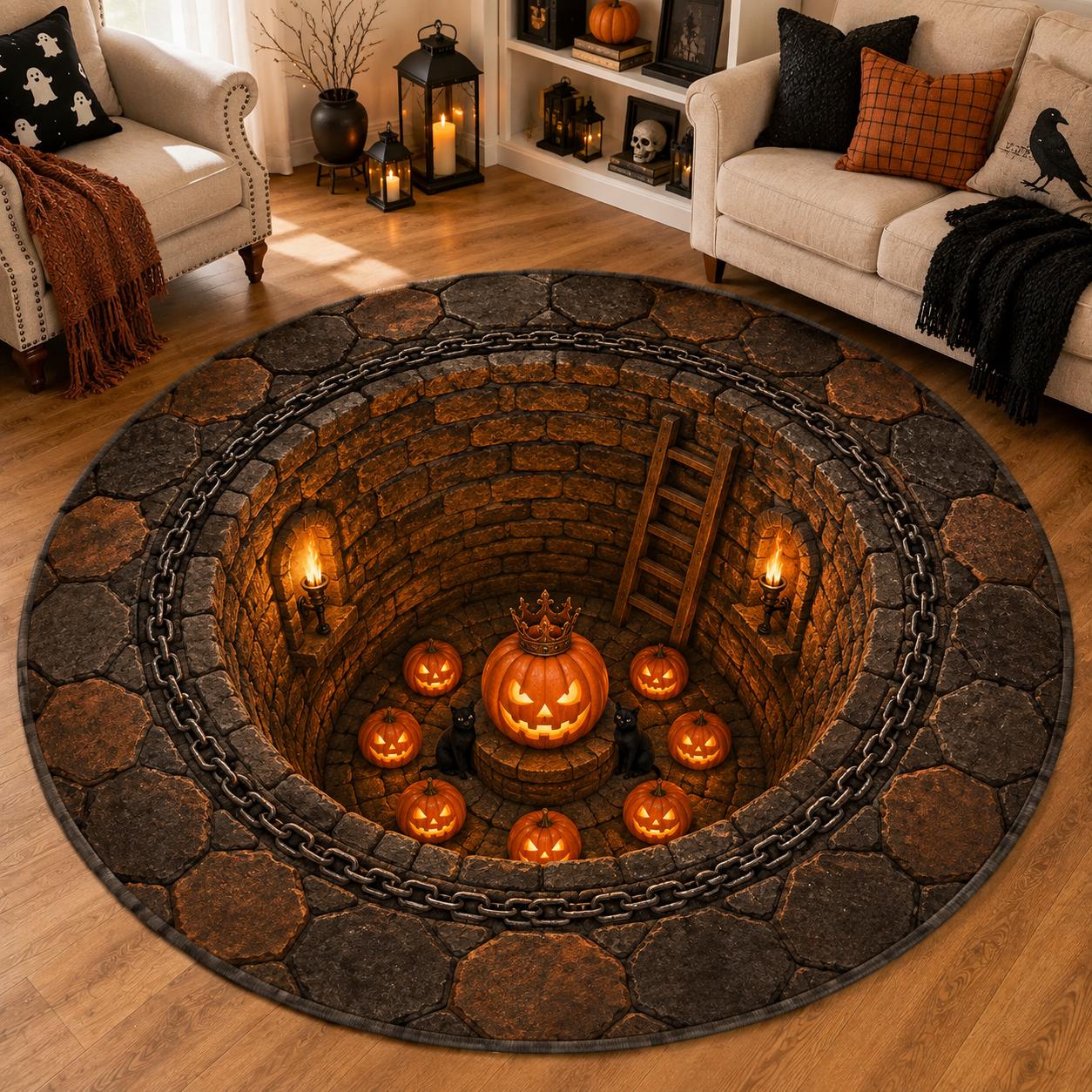 Halloween Rug – 3D Illusion Haunted Stone Dungeon Floor Mat for Jack O Lantern King Round Dark Gothic Home Decor and Pumpkin - photo 2