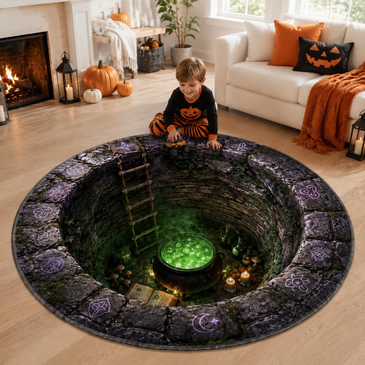 Halloween Rug – 3D Illusion Haunted Stone Dungeon Floor Mat for Jack O Lantern King Round Dark Gothic Home Decor and Pumpkin - photo 3