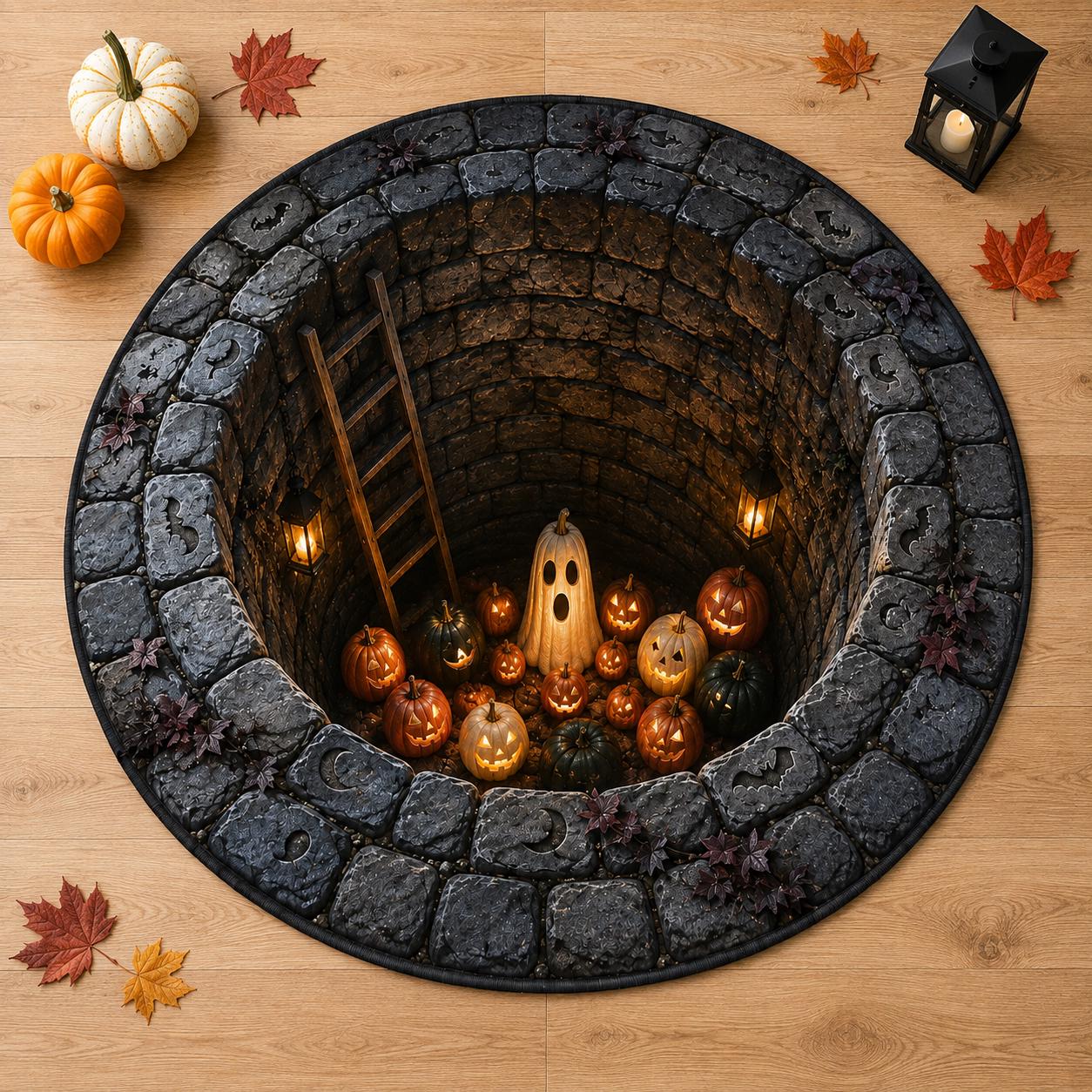 Halloween Rug – 3D Illusion Haunted Stone Dungeon Floor Mat for Jack O Lantern King Round Dark Gothic Home Decor and Pumpkin - photo 6