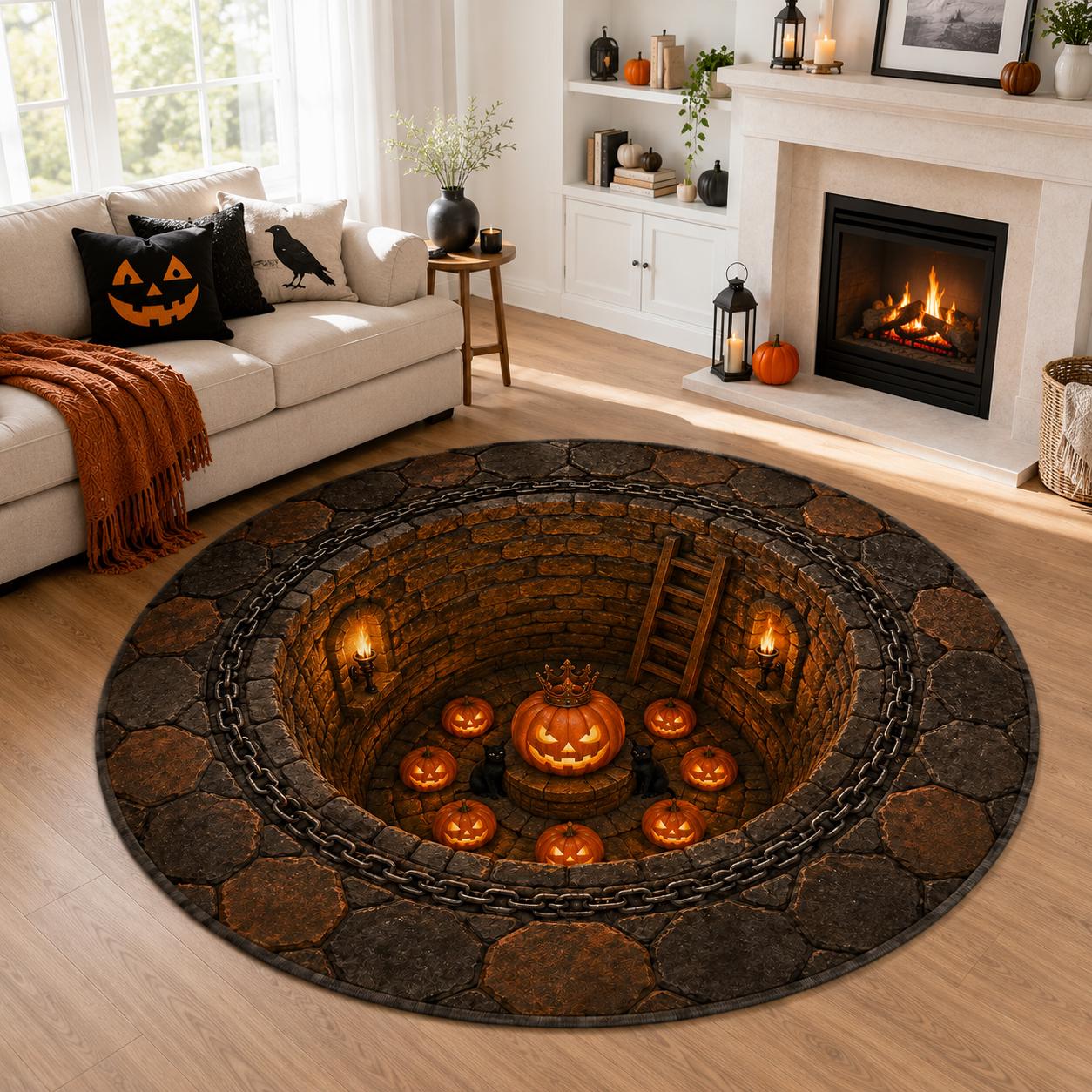 Halloween Rug – 3D Illusion Haunted Stone Dungeon Floor Mat for Jack O Lantern King Round Dark Gothic Home Decor and Pumpkin - photo 8