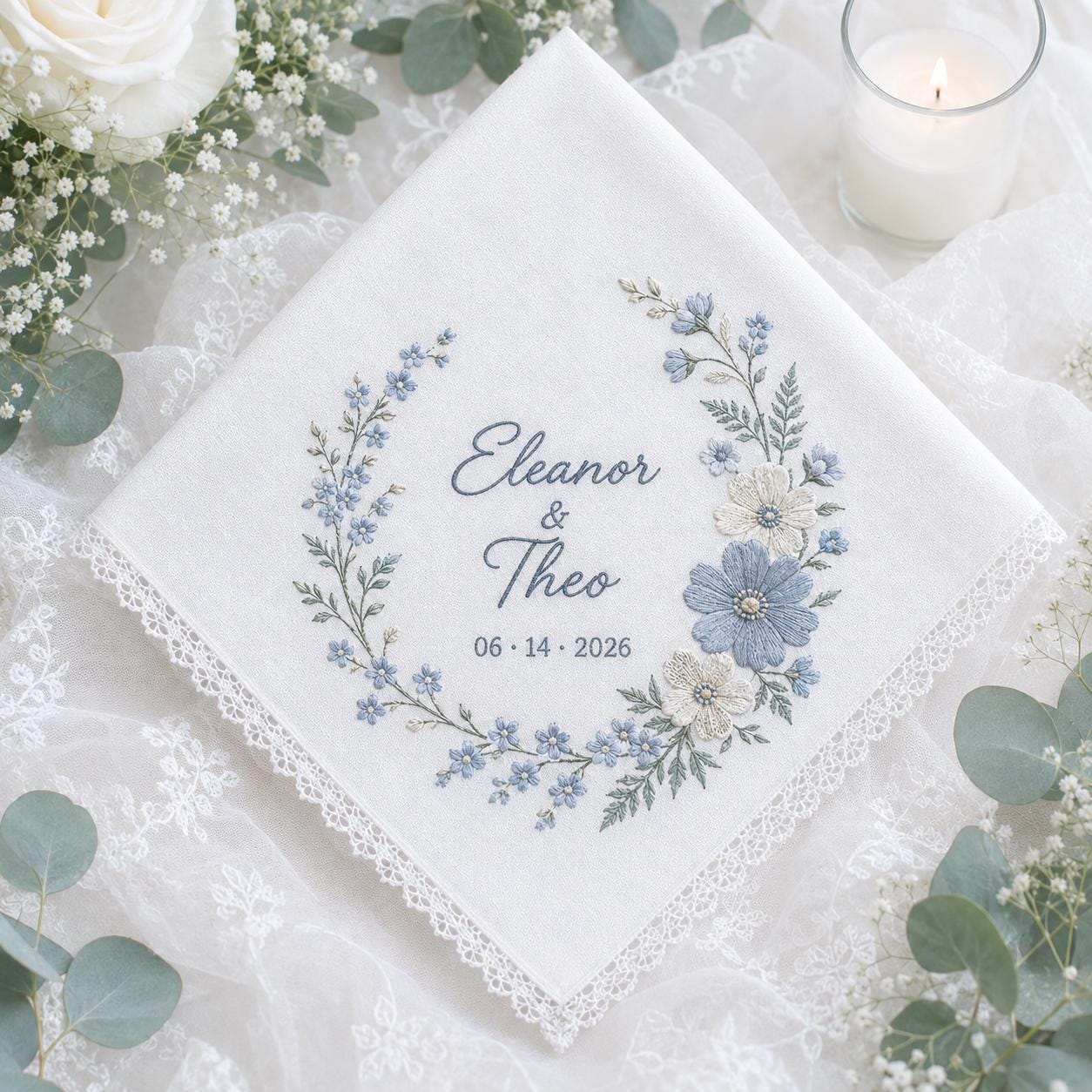 Personalized Embroidery Wedding Handkerchief with Floral Bouquet Linen Hankie and Custom Couple Name Date Keepsake Elegant Gift