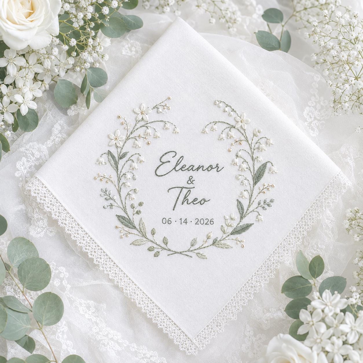 Personalized Embroidery Wedding Handkerchief with Floral Bouquet Linen Hankie and Custom Couple Name Date Keepsake Elegant Gift - photo 2