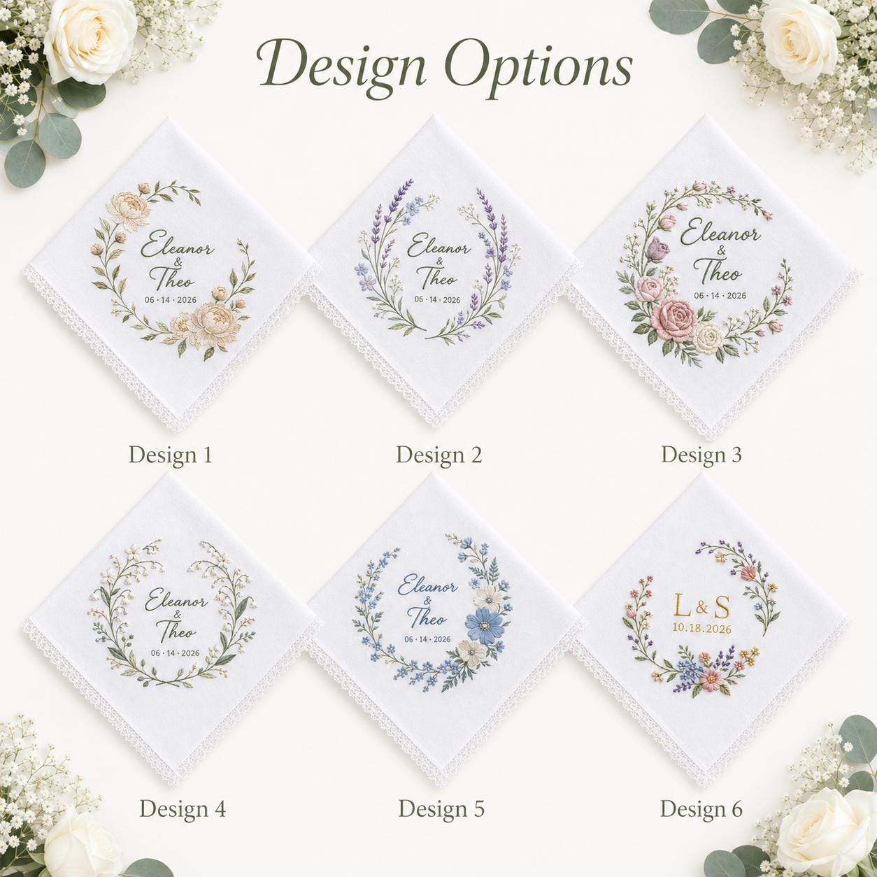 Personalized Embroidery Wedding Handkerchief with Floral Bouquet Linen Hankie and Custom Couple Name Date Keepsake Elegant Gift - photo 3