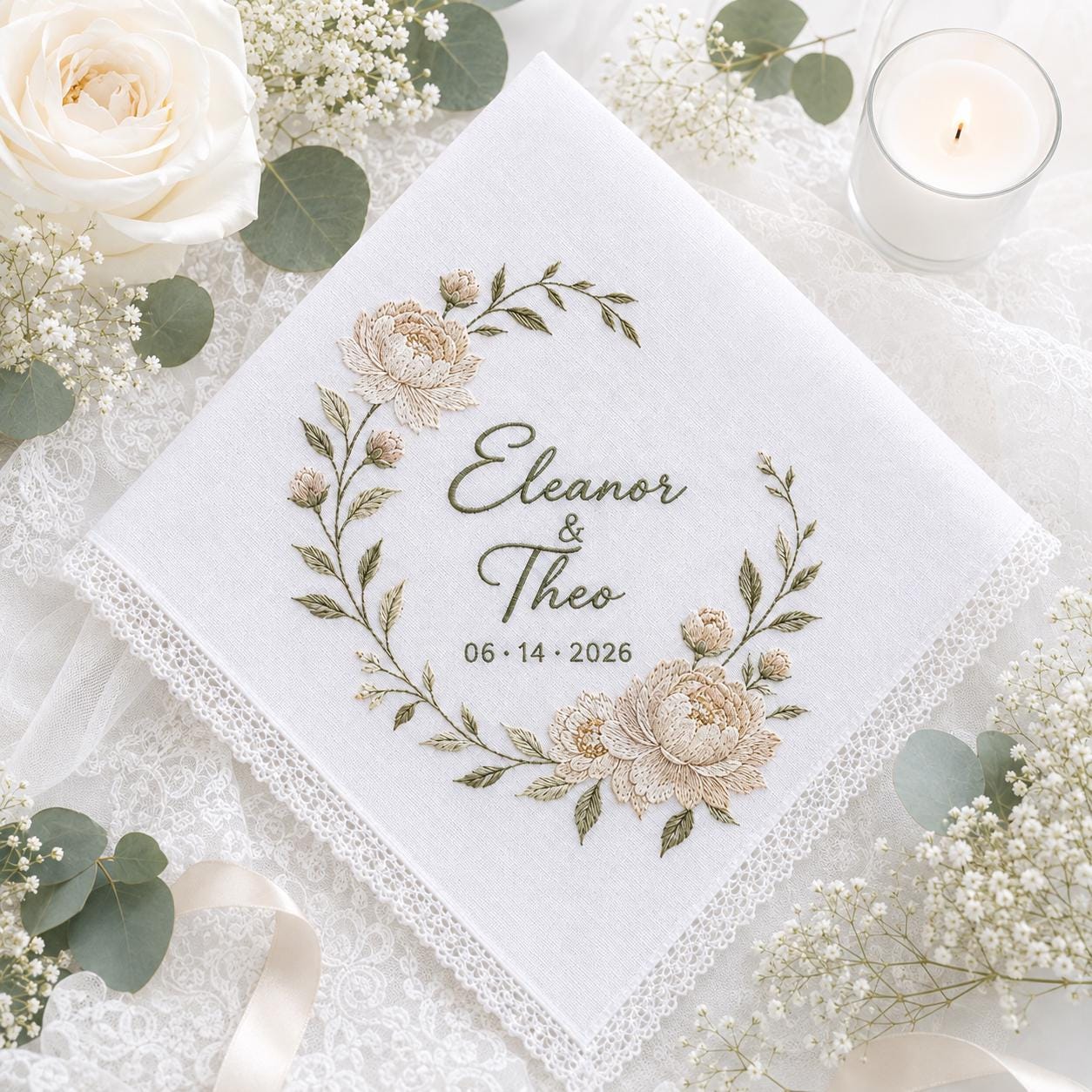 Personalized Embroidery Wedding Handkerchief with Floral Bouquet Linen Hankie and Custom Couple Name Date Keepsake Elegant Gift - photo 7