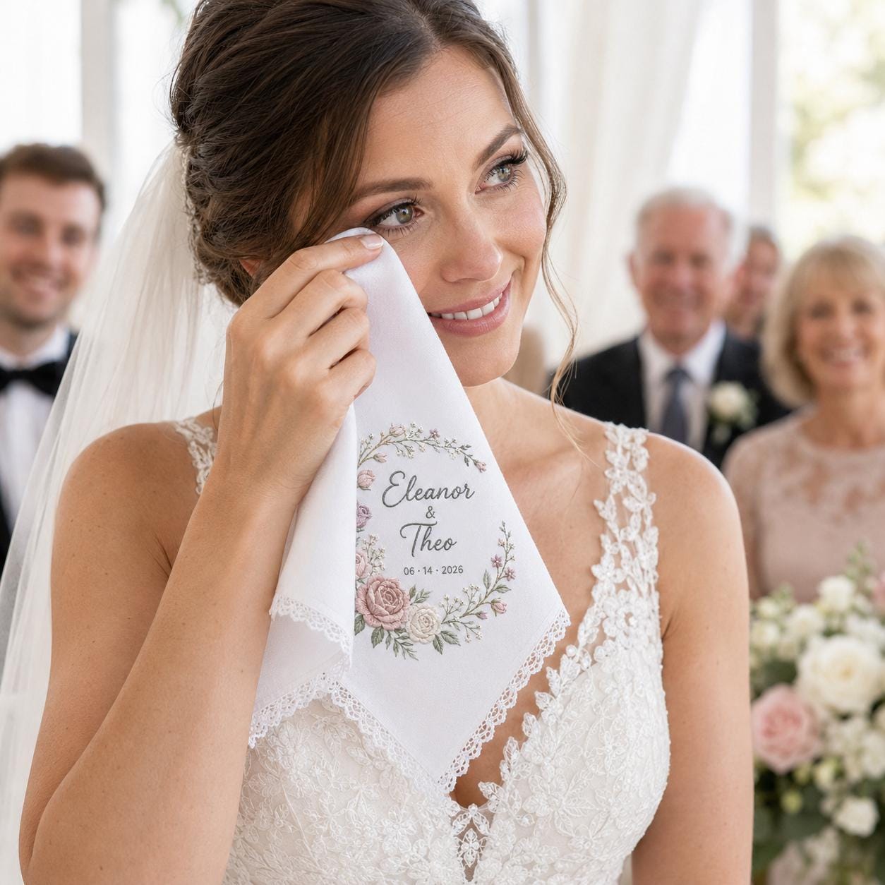 Personalized Embroidery Wedding Handkerchief with Floral Bouquet Linen Hankie and Custom Couple Name Date Keepsake Elegant Gift - photo 8