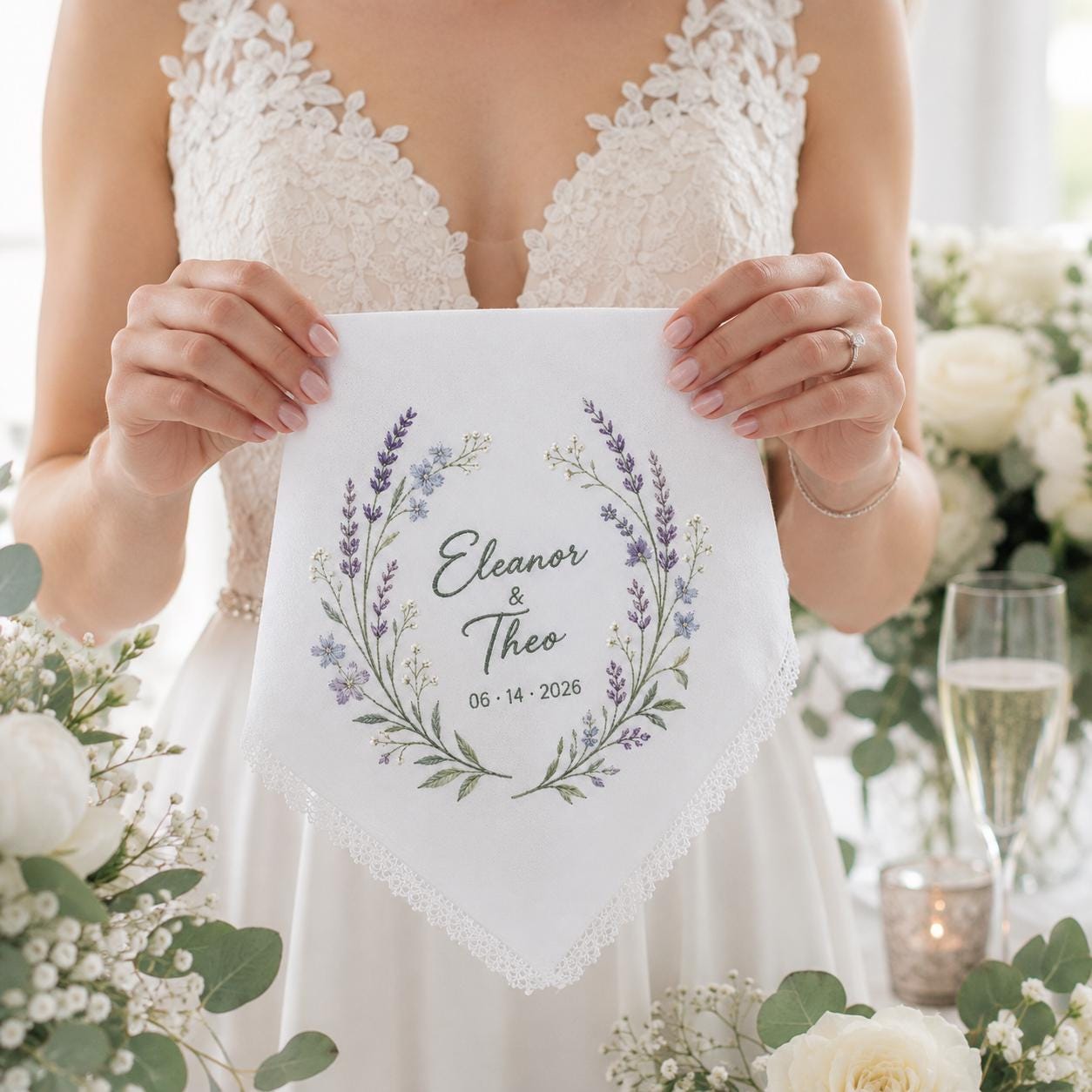 Personalized Embroidery Wedding Handkerchief with Floral Bouquet Linen Hankie and Custom Couple Name Date Keepsake Elegant Gift - photo 9