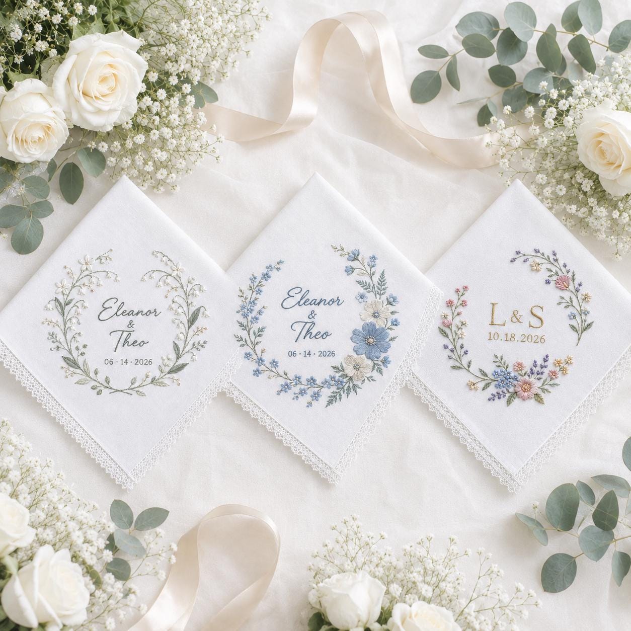 Personalized Embroidery Wedding Handkerchief with Floral Bouquet Linen Hankie and Custom Couple Name Date Keepsake Elegant Gift - photo 10