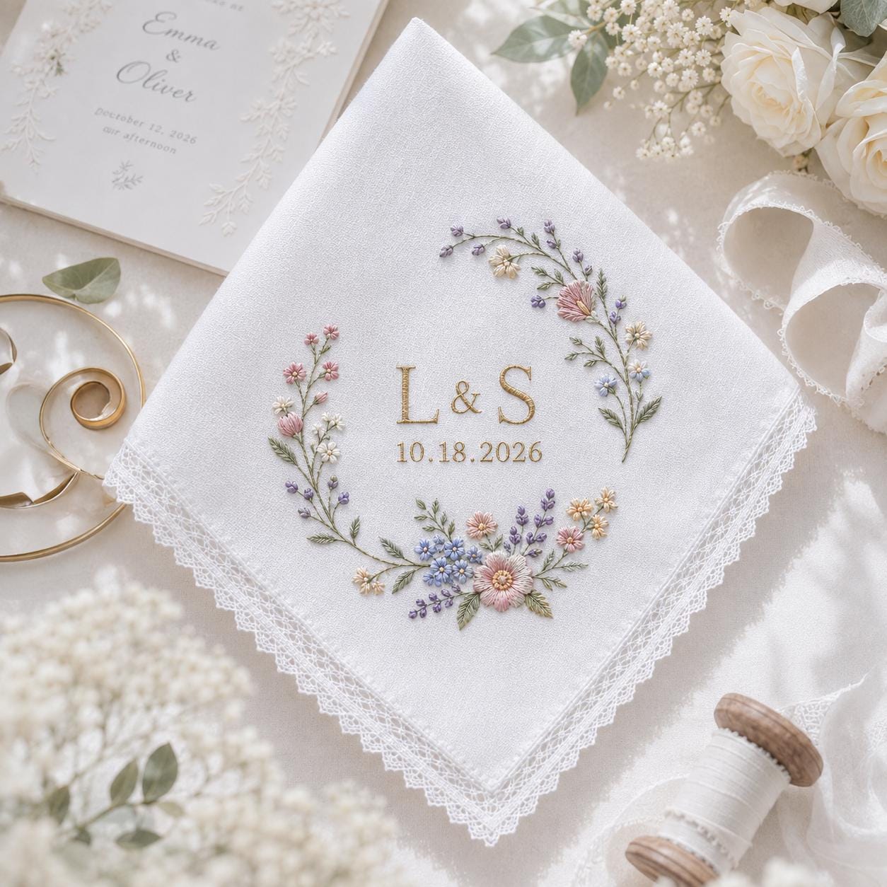 Personalized Embroidery Wedding Handkerchief with Floral Bouquet Linen Hankie and Custom Couple Name Date Keepsake Elegant Gift - photo 11
