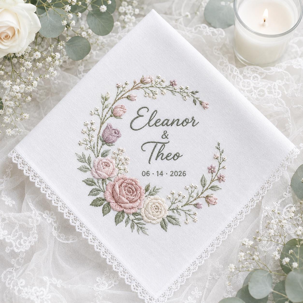 Personalized Embroidery Wedding Handkerchief with Floral Bouquet Linen Hankie and Custom Couple Name Date Keepsake Elegant Gift - photo 12