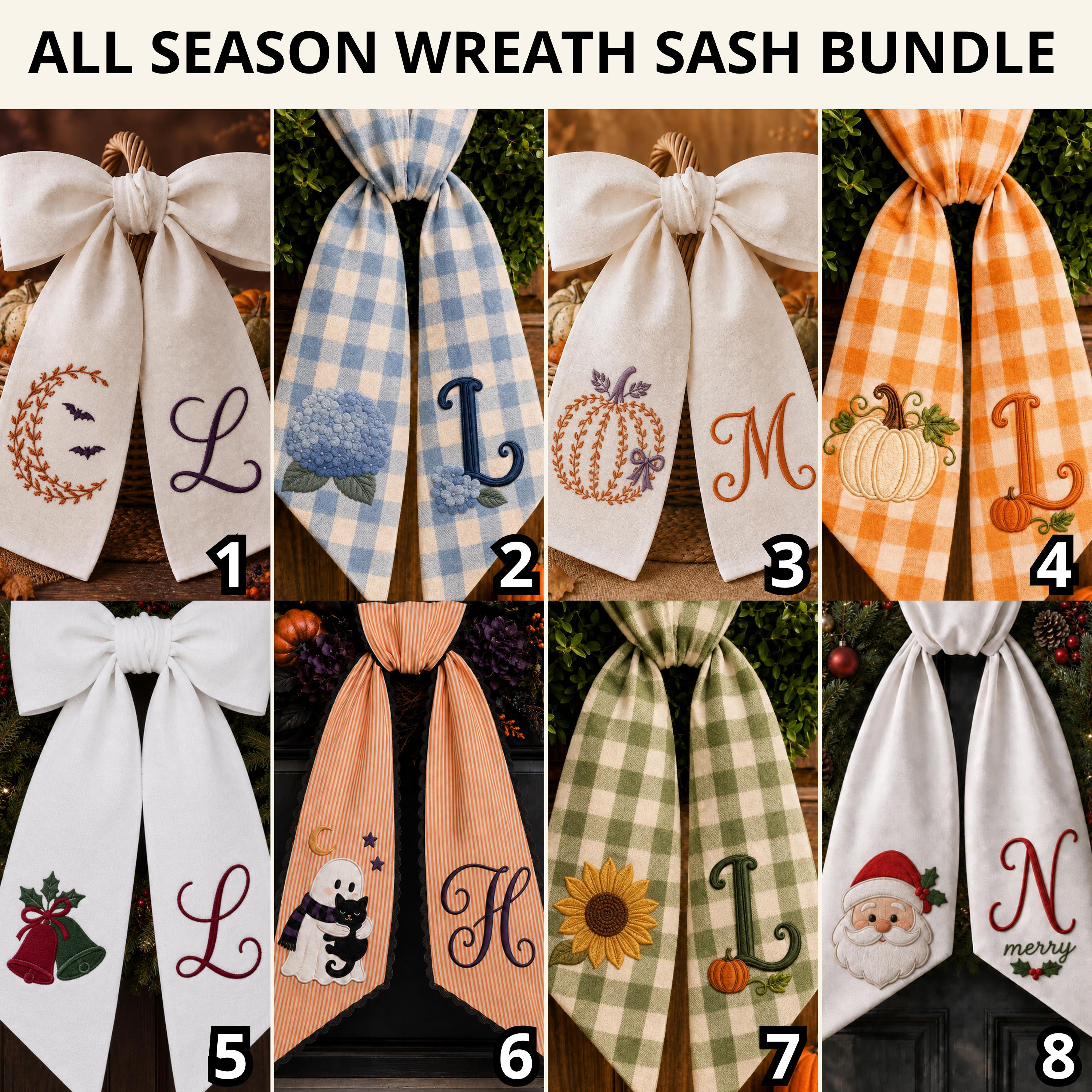 Wreath Sash – All Season Holiday Everyday Front Door Decor Bundle for Personalized Monogram Floral Sashes and Halloween Fall Christmas