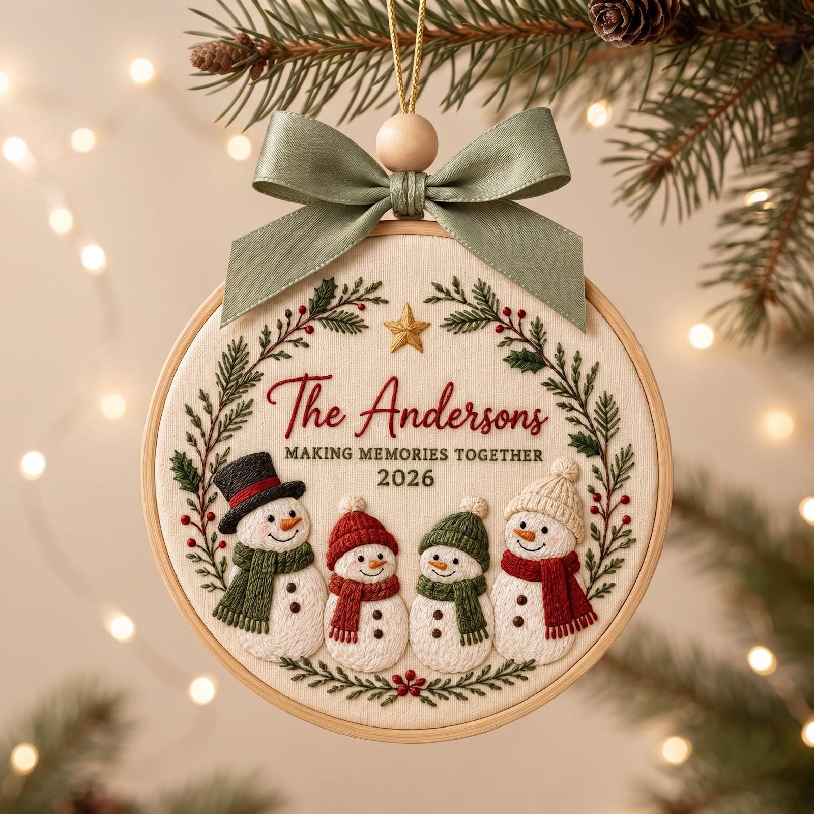 Personalized Family Christmas Ornament with Custom Name Snowman Embroidered Hoop and Family Four Holiday Keepsake Gift 2026