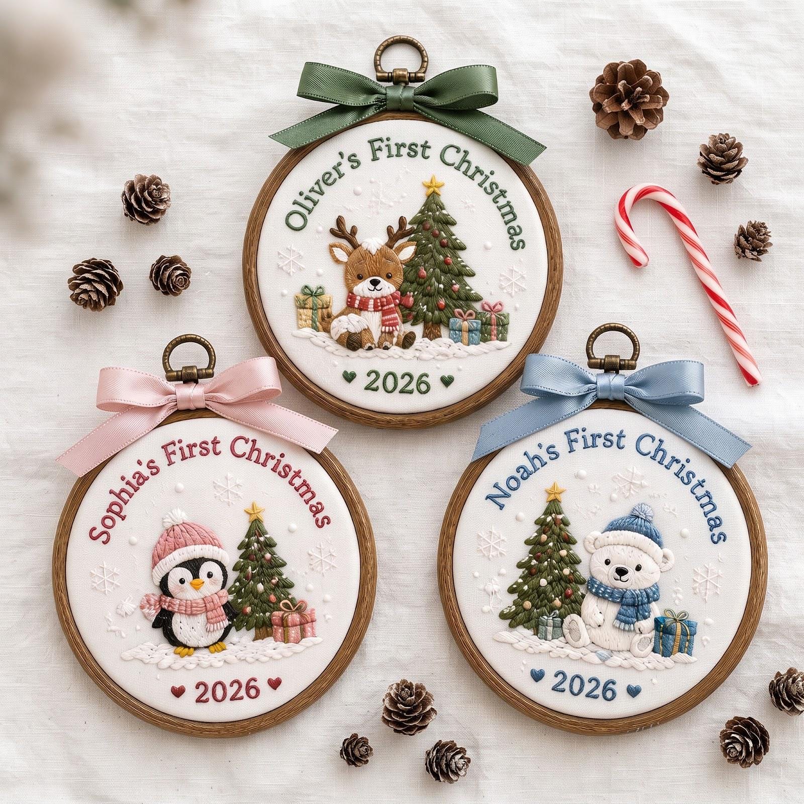 Baby First Christmas Ornament – Personalized Name Embroidered Hoop with Deer, Penguin and Polar Bear Newborn Holiday Keepsake Gift 2026