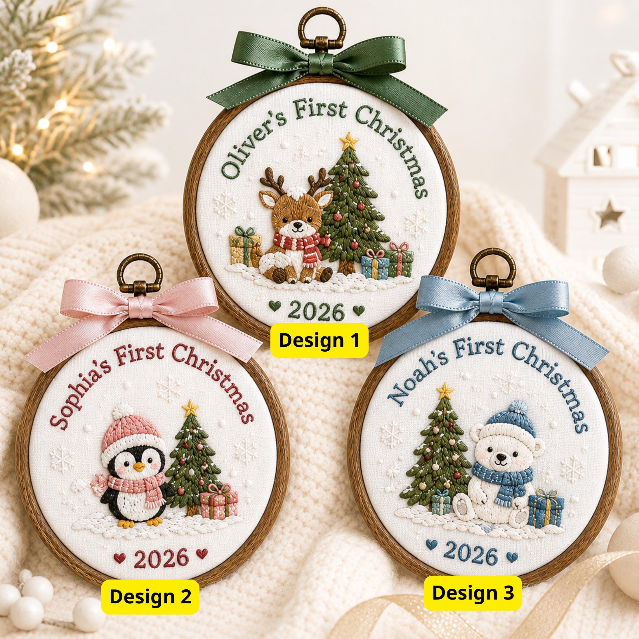 Baby First Christmas Ornament – Personalized Name Embroidered Hoop with Deer, Penguin and Polar Bear Newborn Holiday Keepsake Gift 2026 - photo 3