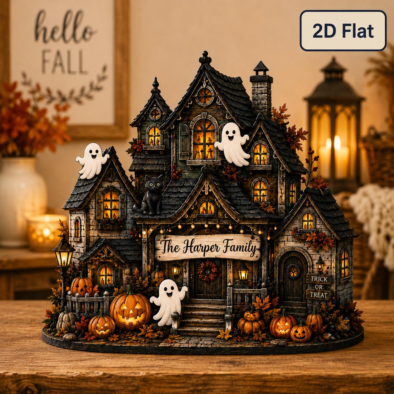 Wooden Decor – Personalized Haunted House Family Halloween Custom Name Tabletop Decoration for Pumpkin Block