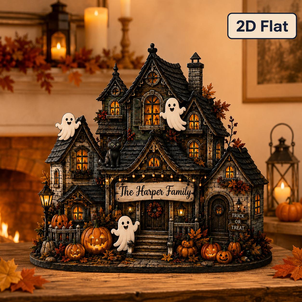 Wooden Decor – Personalized Haunted House Family Halloween Custom Name Tabletop Decoration for Pumpkin Block - photo 2