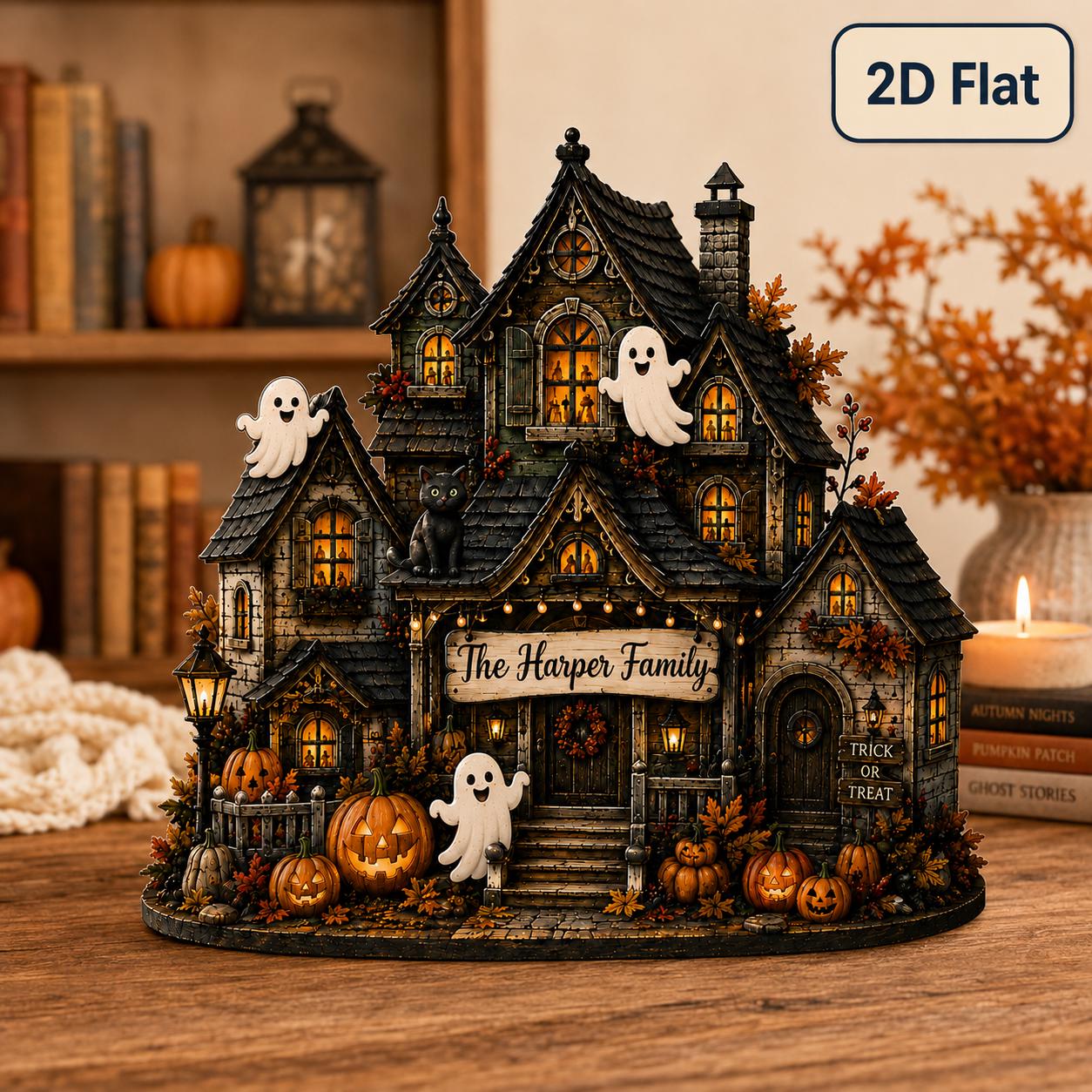 Wooden Decor – Personalized Haunted House Family Halloween Custom Name Tabletop Decoration for Pumpkin Block - photo 4