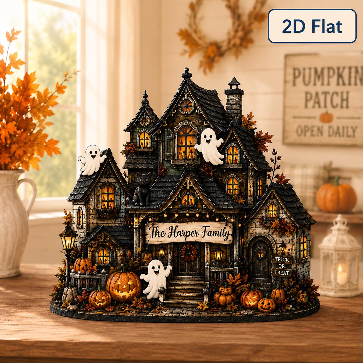 Wooden Decor – Personalized Haunted House Family Halloween Custom Name Tabletop Decoration for Pumpkin Block - photo 5
