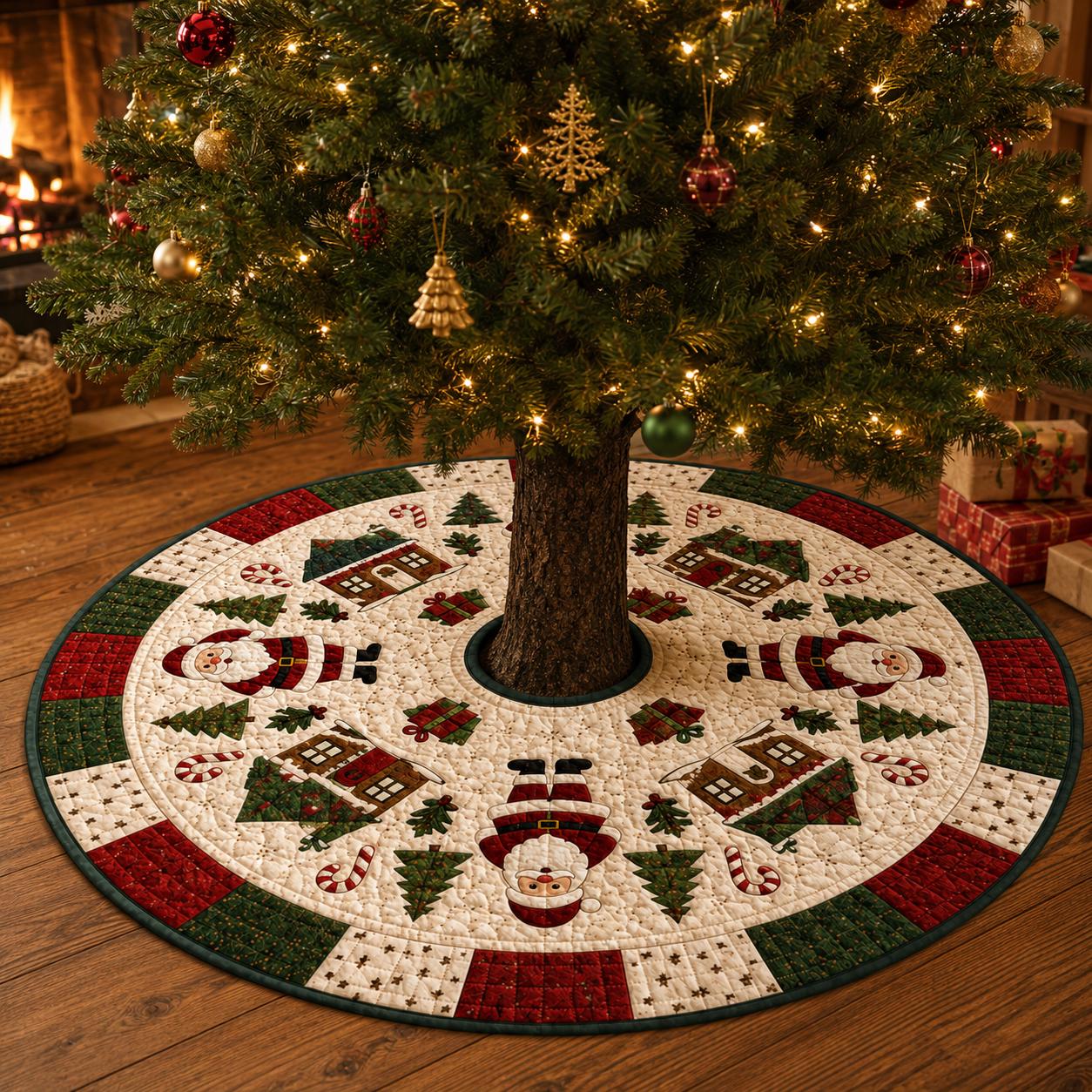 Traditional Quilt Style Santa Village Christmas Tree Skirt – Holiday Candy Cane Decor And Base Cover Mat