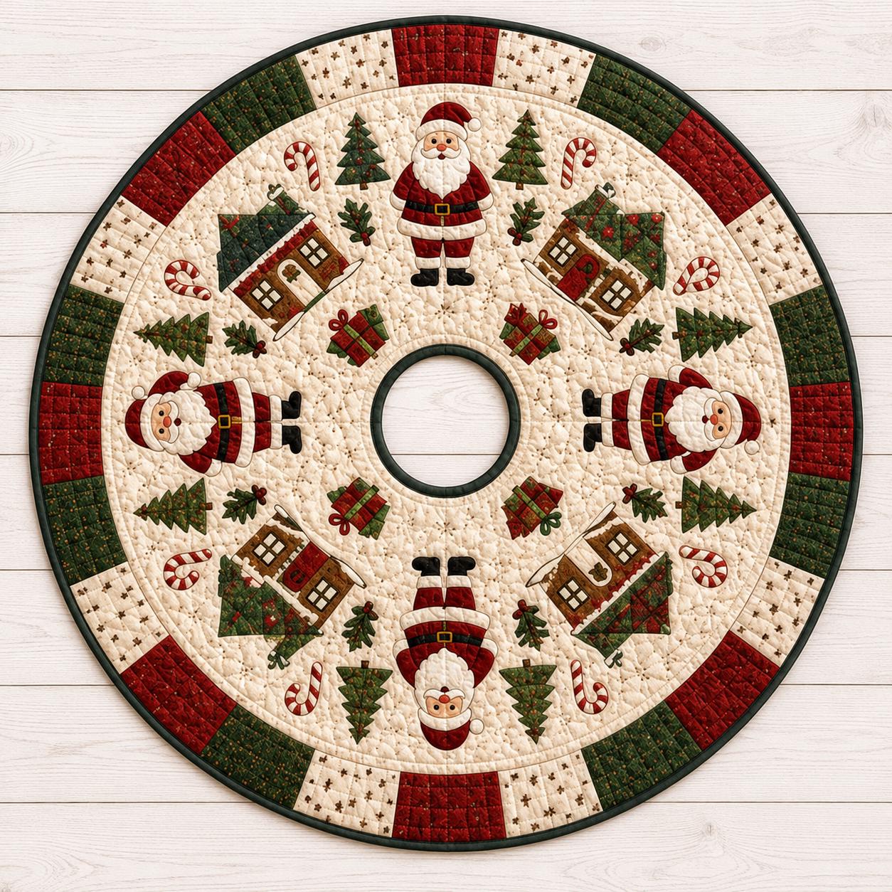 Traditional Quilt Style Santa Village Christmas Tree Skirt – Holiday Candy Cane Decor And Base Cover Mat - photo 2