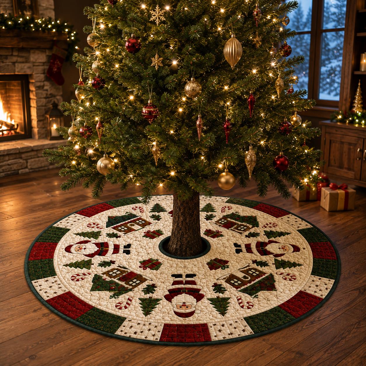Traditional Quilt Style Santa Village Christmas Tree Skirt – Holiday Candy Cane Decor And Base Cover Mat - photo 3