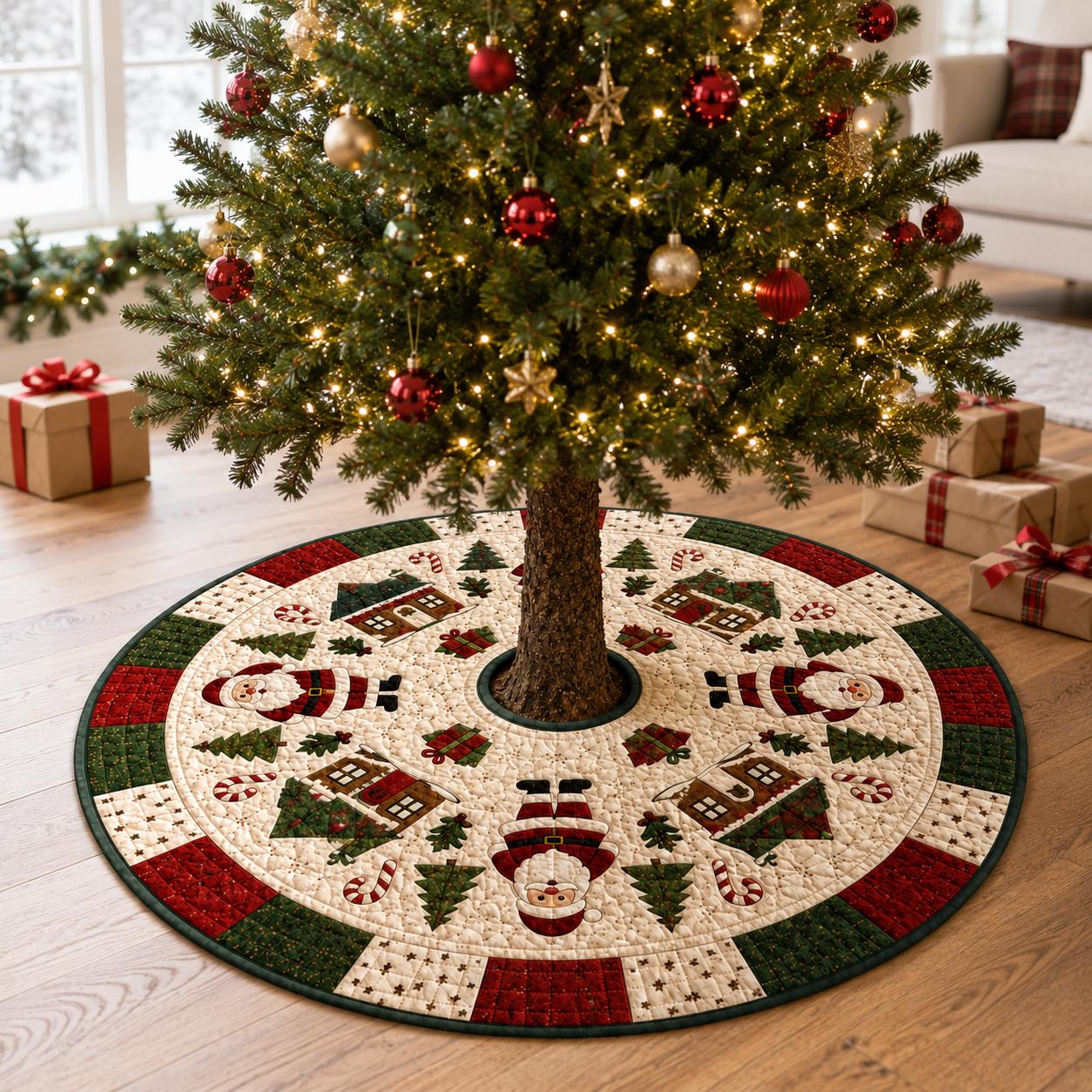 Traditional Quilt Style Santa Village Christmas Tree Skirt – Holiday Candy Cane Decor And Base Cover Mat - photo 4